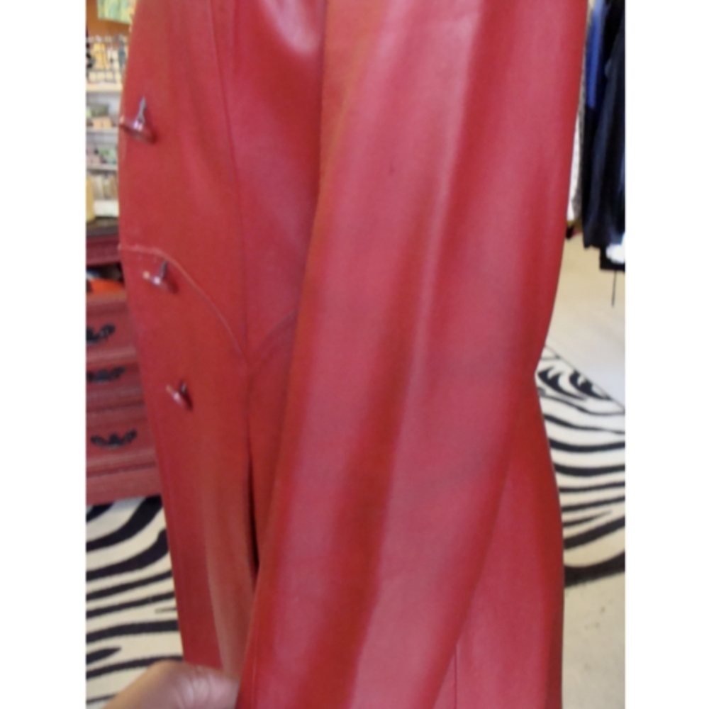 red LEATHER COAT vintage trench jacket S - Picture 9 of 11